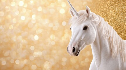 Canvas Print - Majestic white unicorn head against a sparkling gold background.