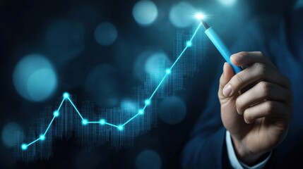 Poster - Person Holding Marker Pointing to Success and Growth with Financial Data Visualization in Background