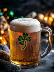 A close-up of a frothy beer mug decorated with a green shamrock design, surrounded by festive gold and green holiday lights, perfect for St. Patrick's Day celebrations