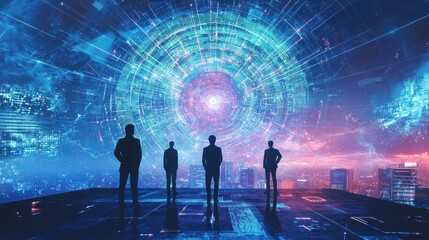 Poster - Team of Professionals Discussing Future Trends in Innovation and Technology Against a Futuristic Background