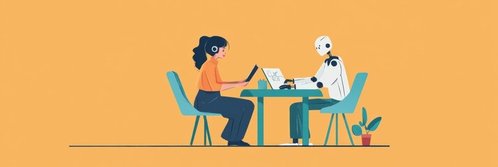 Fototapete - Collaboration between human and robot at a workspace table during a project. Generative AI