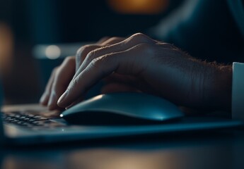 Poster - Close-up of a Person's Hands Using a Laptop and Mouse in Low Light