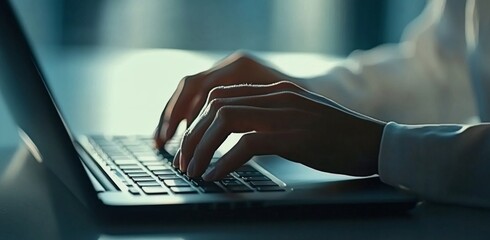 Poster - Close-up of Hands Typing on Laptop Keyboard in Low Light