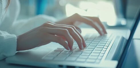 Poster - Close-up of Woman's Hands Typing on Laptop Keyboard