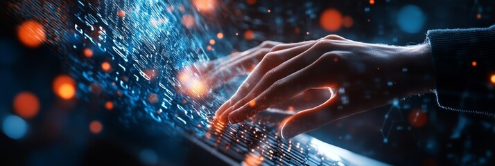 Aufkleber - Cyberpunk Hands Typing Binary Code on Futuristic Laptop