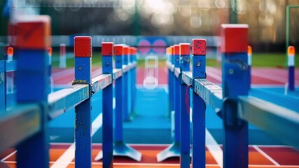 Wall Mural - The hurdles course is a challenging test of agility as athletes leap over obstacles representing various types of particles.