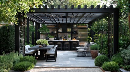 Wall Mural - Contemporary black and white pergola with a dining area and lush plants, creating a cozy vibe.