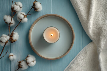 Wall Mural - A serene setup featuring a candle on a plate with cotton branches and a soft towel.