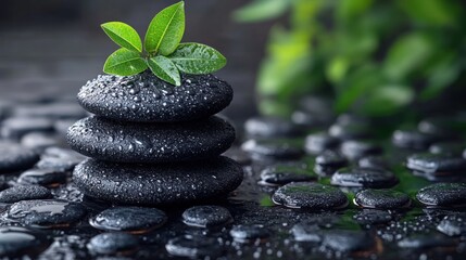 Wall Mural - Serene wet stones, green leaves, zen.