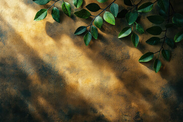 Wall Mural - A textured background with green leaves casting shadows, creating a serene atmosphere.