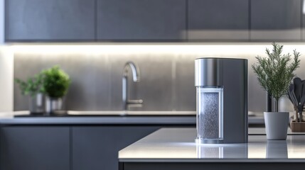 Poster - Modern kitchen features sleek water filter on counter with stylish decor and ambient lighting. Generative AI