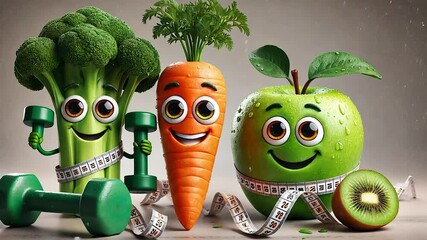 Sticker - health food, dieting concept. smiling apple,carrot and broccoli with fitness accessories