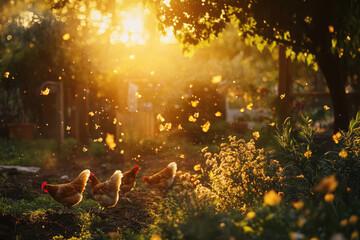 Canvas Print - Chickens roam in a sunlit garden, surrounded by blooming flowers and floating petals.