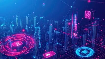 Poster - Futuristic Urban Landscape with Highlighted Global Trends and Digital Icons for Technology and Innovation Concepts