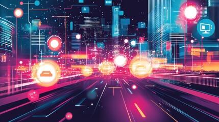 Poster - Futuristic Cityscape with Digital Transformation and Vibrant Technology Illustrations at Night