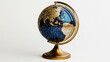 © Habib  - A luxurious golden globe with continents outlined in shimmering navy blue and gold glitter, resting on a sleek metallic stand, isolated on a white background