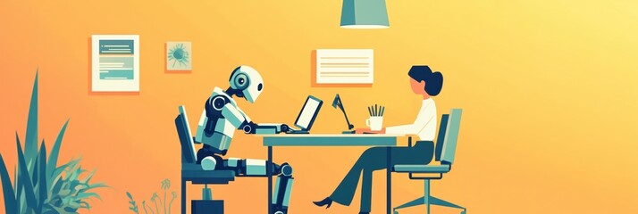 Fototapete - Collaboration between human and robot on project at modern workspace. Generative AI