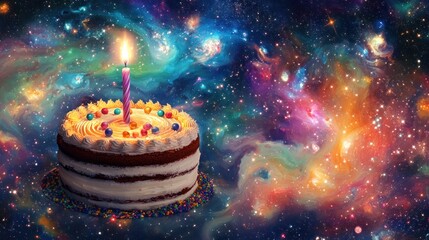Wall Mural - cake with candle against a colorful galaxy backdrop.
