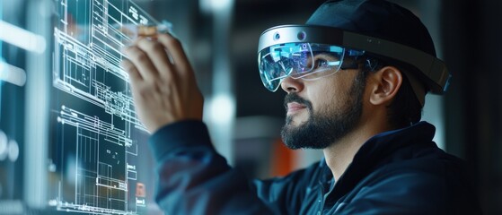 Aufkleber - Engineers using augmented reality glasses to visualize a building blueprint on-site
