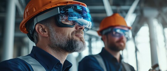 Aufkleber - Engineers using augmented reality glasses to visualize a building blueprint on-site