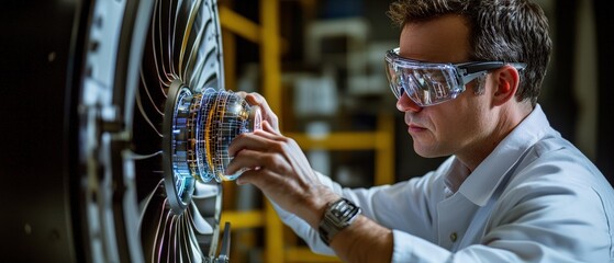 Poster - An engineer working on a holographic interface, analyzing a model of a jet engine