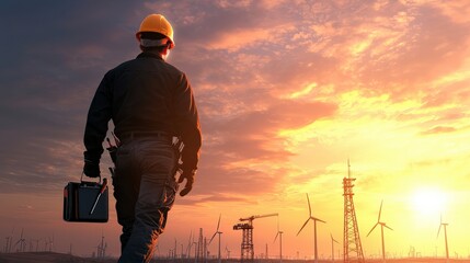Poster - A man in a hard hat is walking with a toolbox