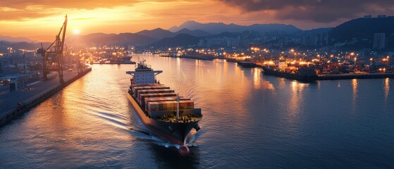Poster - A large cargo ship is sailing through a harbor at sunset