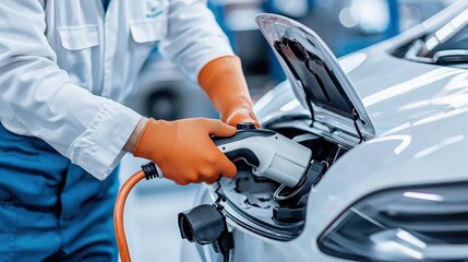 Poster - A mechanic fine-tuning an electric vehicle in a modern, eco-friendly workshop