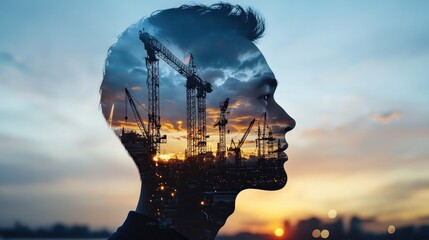 Aufkleber - A double-exposure image of a construction worker with shipyard cranes in the background at dusk