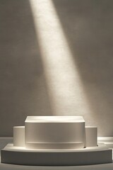 Minimalist display platform illuminated by dramatic beam of ligh