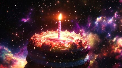Wall Mural - cosmic cake with candle against nebula.