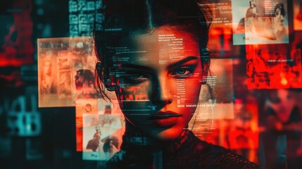 Woman surrounded by digital interfaces with coding and social media.