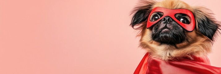 Wall Mural - Brown dog in red superhero mask and cape looks determined against pink background.