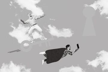 Poster - Photo collage cartoon comics sketch picture of funky excited guy flying key to key hall isolated drawing background