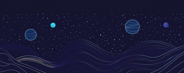 Wall Mural - space scene with planets, stars, and wavy lines.