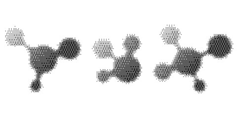 Poster - Pixel pattern molecule shapes. Textured cosmic elements with bitmap Y2k dither gradient. Retro vector icon with old computer game graphic effect. Halftone grunge illustration