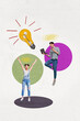 © deagreez - Composite trend artwork 3D sketch image photo collage of idea lamp mind think brainstorming eureka young lady man jump hold laptop