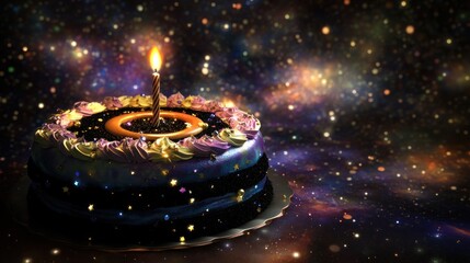 Wall Mural - birthday cake with a lit candle against a galaxy background.