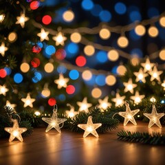 Wall Mural - Christmas lights background. Festive glowing garland on bokeh background