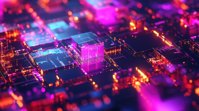 Abstract Digital Cyberpunk Neon Cityscape: Glowing Cubes and Circuits