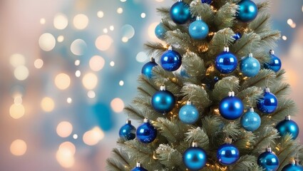 Wall Mural - Christmas tree with blue baubles on bokeh background.