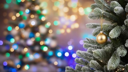 Wall Mural - Christmas tree with decorations on bokeh background, close-up
