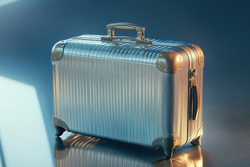 Poster - single travel suitcase with metallic accents resting on smooth reflective surface under directional lighting