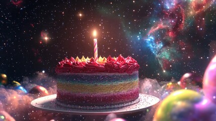 Wall Mural - birthday cake with single candle, cosmic background.