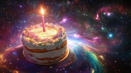 Wall Mural - birthday cake with single candle in space background.