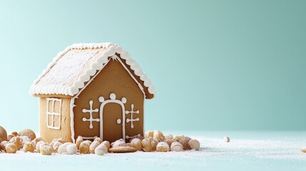 Wall Mural - Gingerbread house with icing and candy decorations on a light blue background.