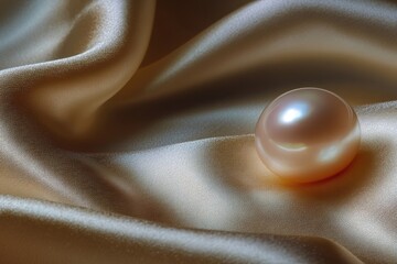 Poster - single pearl resting on silk fabric with soft folds illuminated by warm natural light