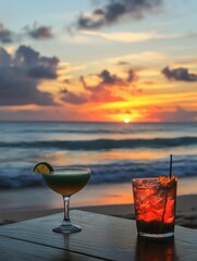 Poster - Colorful cocktails on a tropical beach at sunset with brilliant colors in the sky and gentle waves lapping at the shore. Generative AI