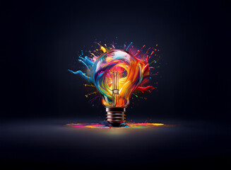 Poster - a vibrant lightbulb explodes with multicolored paint splashes against a dark background, symbolizing