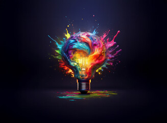 Poster - A vibrant lightbulb explodes with colorful paint splashes, symbolizing creative energy and innovative thinking.  The dynamic image represents the birth of an idea.